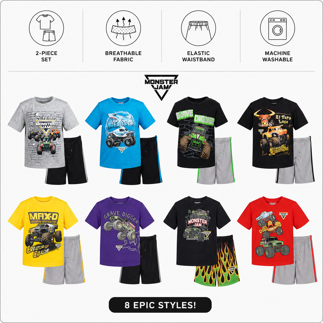Monster Jam Grave Digger Athletic 2-Piece T-Shirt and Mesh Shorts Set Flames