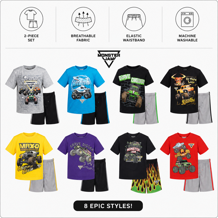 Monster Jam Grave Digger Athletic 2-Piece T-Shirt and Mesh Shorts Set Flames