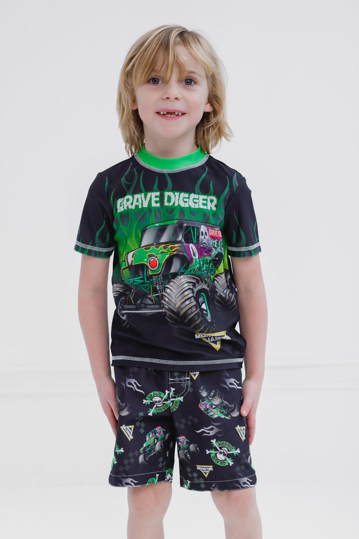 Monster Jam Grave Digger UPF 50+ 2-Piece Rash Guard and Swim Trunks Set Black