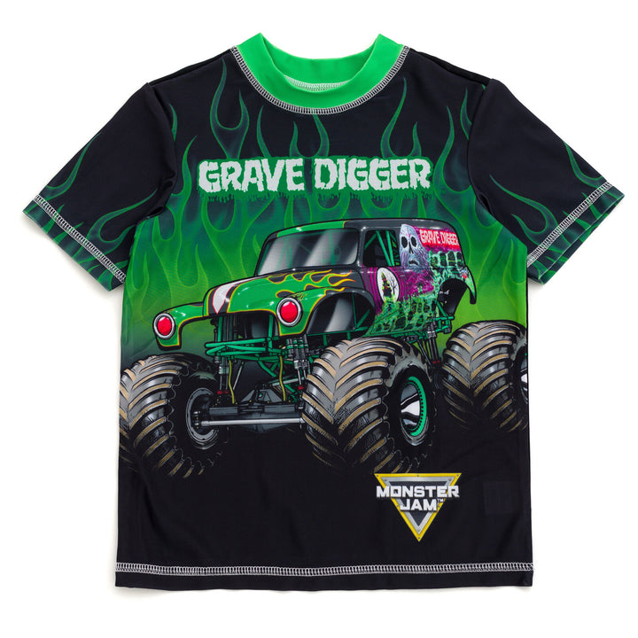 Monster Jam Grave Digger UPF 50+ 2-Piece Rash Guard and Swim Trunks Set Black