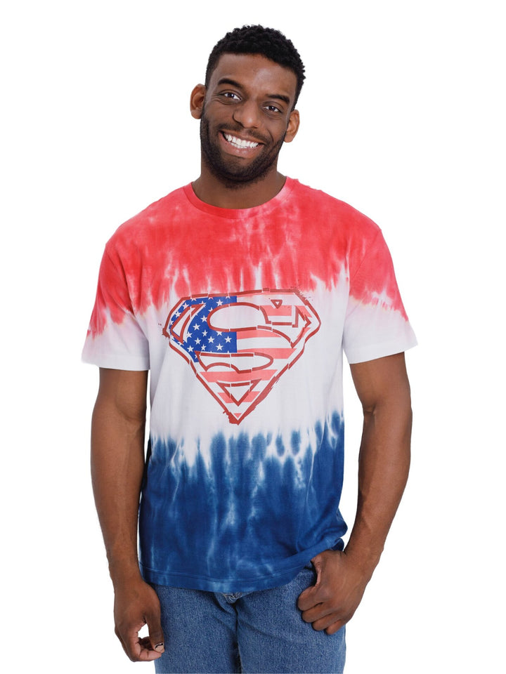 DC Comics Justice League Superman Men's July 4th T-Shirt Blue Tie Dye