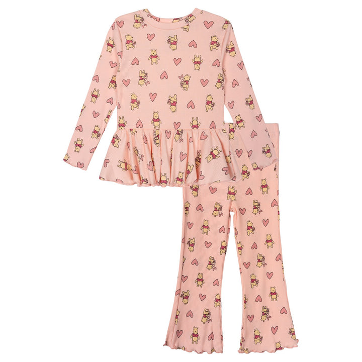 Disney Winnie the Pooh Girls' Ribbed Long Sleeve Tee and Pants Set Pink Heart
