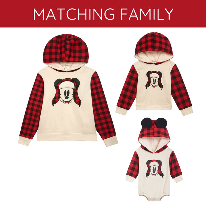 Disney Mickey Mouse Men's Holiday Fleece Hooded Pullover Red Plaid