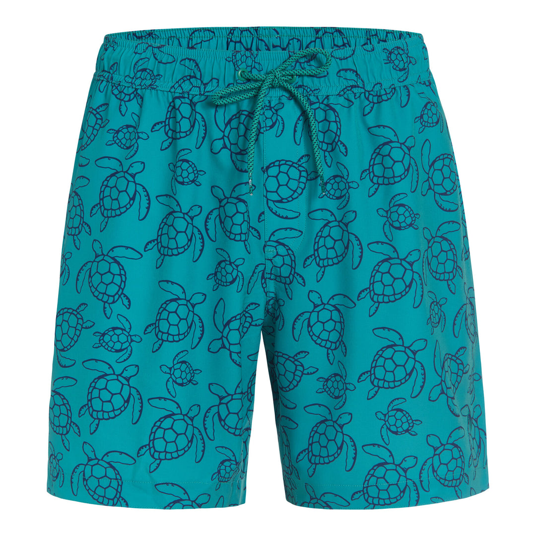 Dreamwave Men's Compression Liner Swim Trunks with Phone Pocket 7 inch Inseam Anti Chafing Teal Sea Turtles