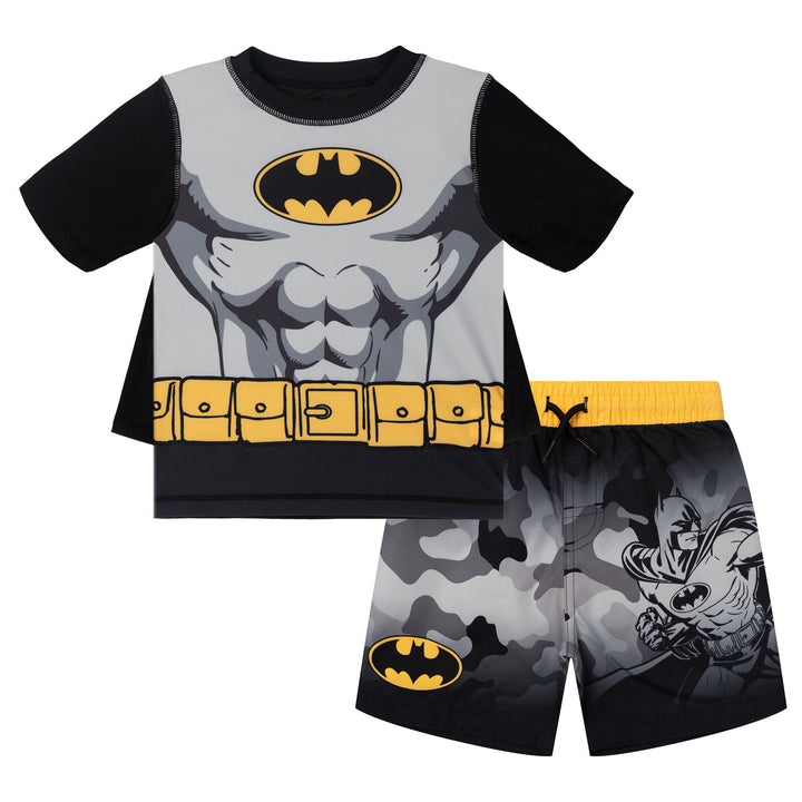 DC Comics Justice League Batman Cosplay Rash Guard and Swim Trunks Set Black