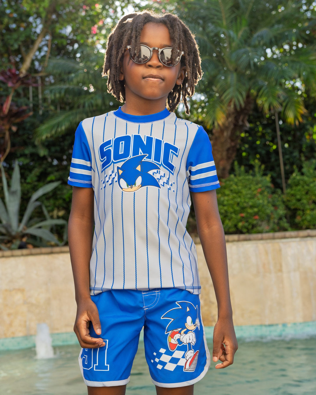 SEGA Sonic the Hedgehog 2-Piece Swimwear Rash Guard and Swim Trunks Set Blue