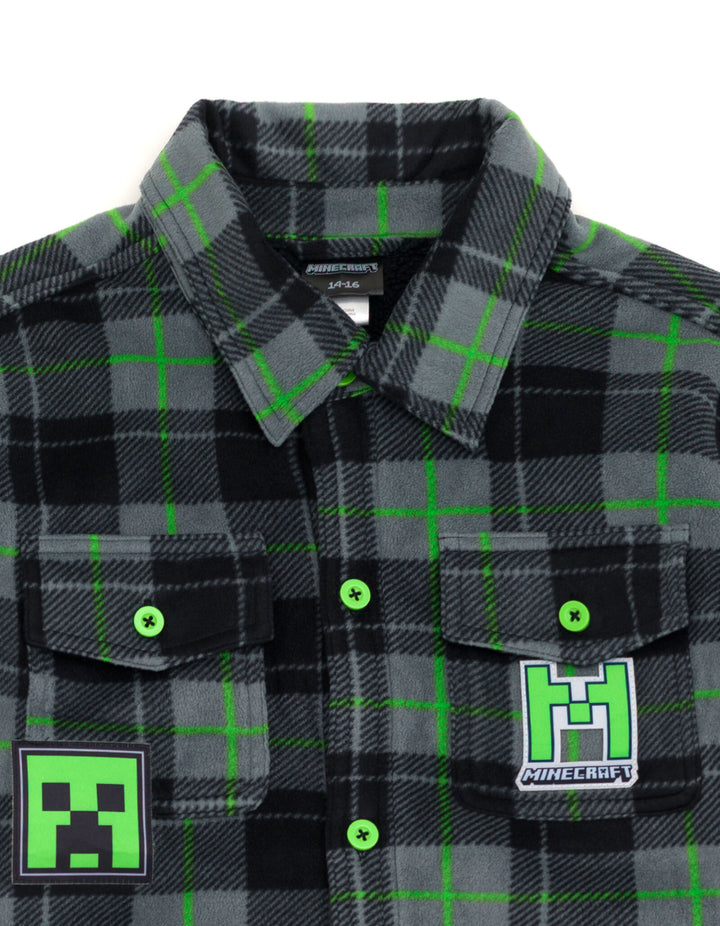 Minecraft Creeper Boys' Fleece Lined Shacket Gray Green