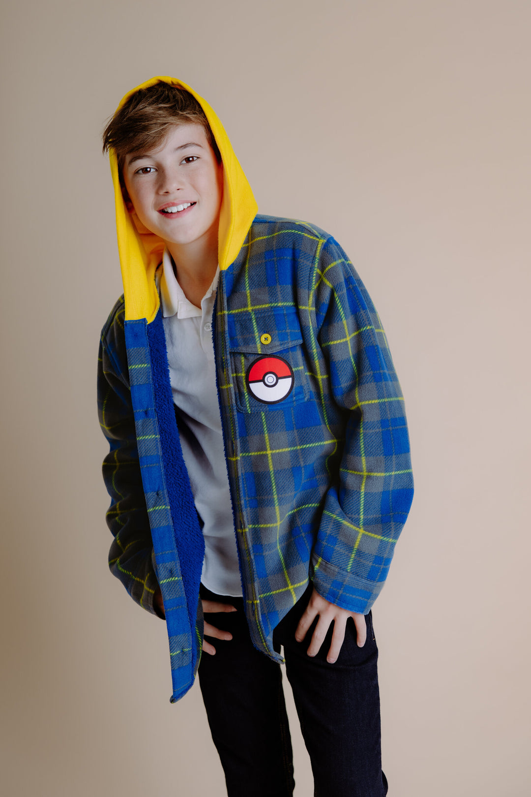 Pokemon Pikachu Boys' Hooded Fleece Shacket Navy Yellow