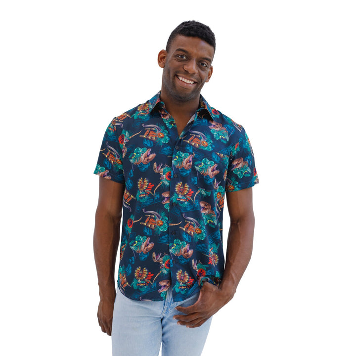 Jurassic World Jurassic Park T-Rex Men's Shirt Navy Dino Tropical
