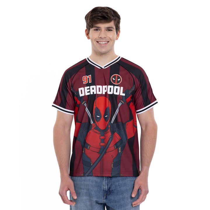 Marvel Deadpool & Wolverine Men's Athletic Jersey Shirt  V-neck T-Shirt Maroon