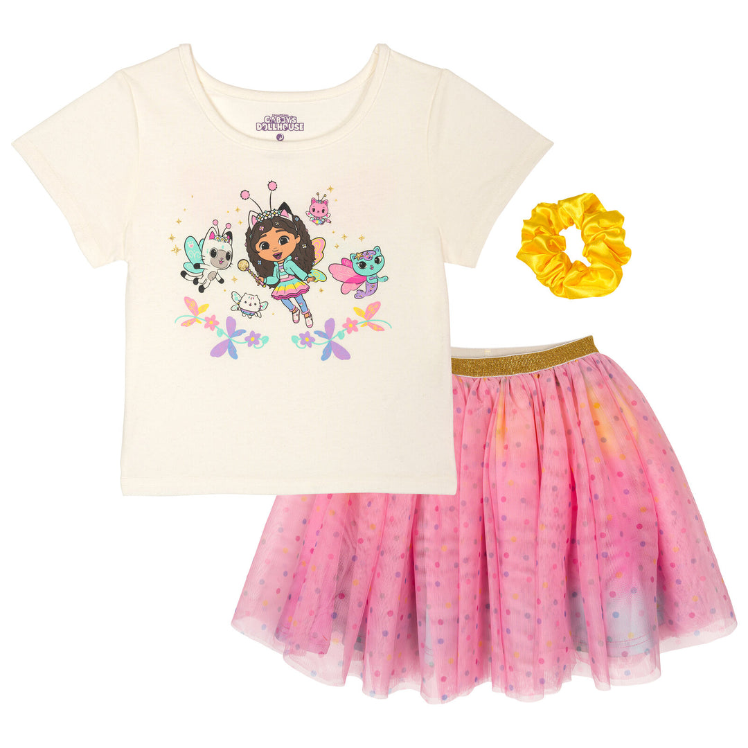 Gabby's Dollhouse Girls' T-Shirt and Tutu Skirt Set with Scrunchie Tusk Rainbow Polka