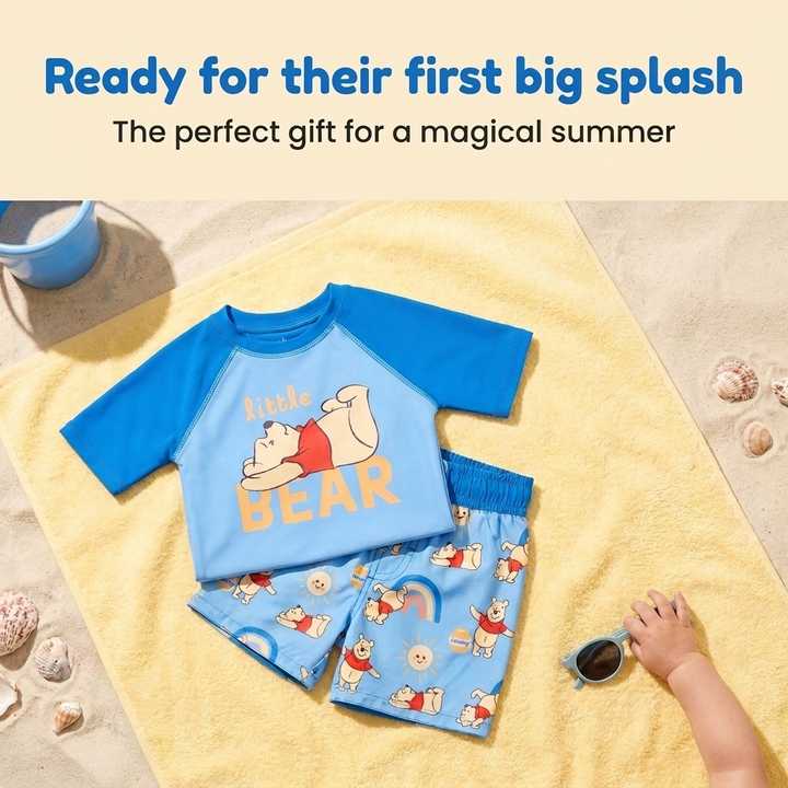Disney Winnie the Pooh Swimwear 2-Piece Rash Guard and Swim Trunks Set Navy Blue