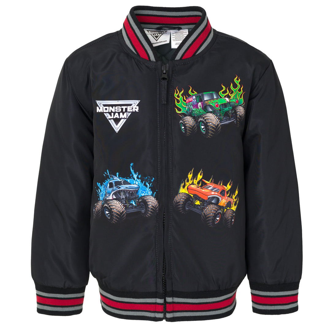 Monster Jam Boys' Zip-Up Bomber Jacket Black Grey Red