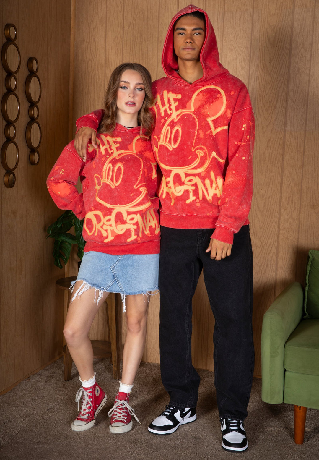 Disney Mickey Mouse Men's Fleece Pullover Hoodie Red Acid Wash