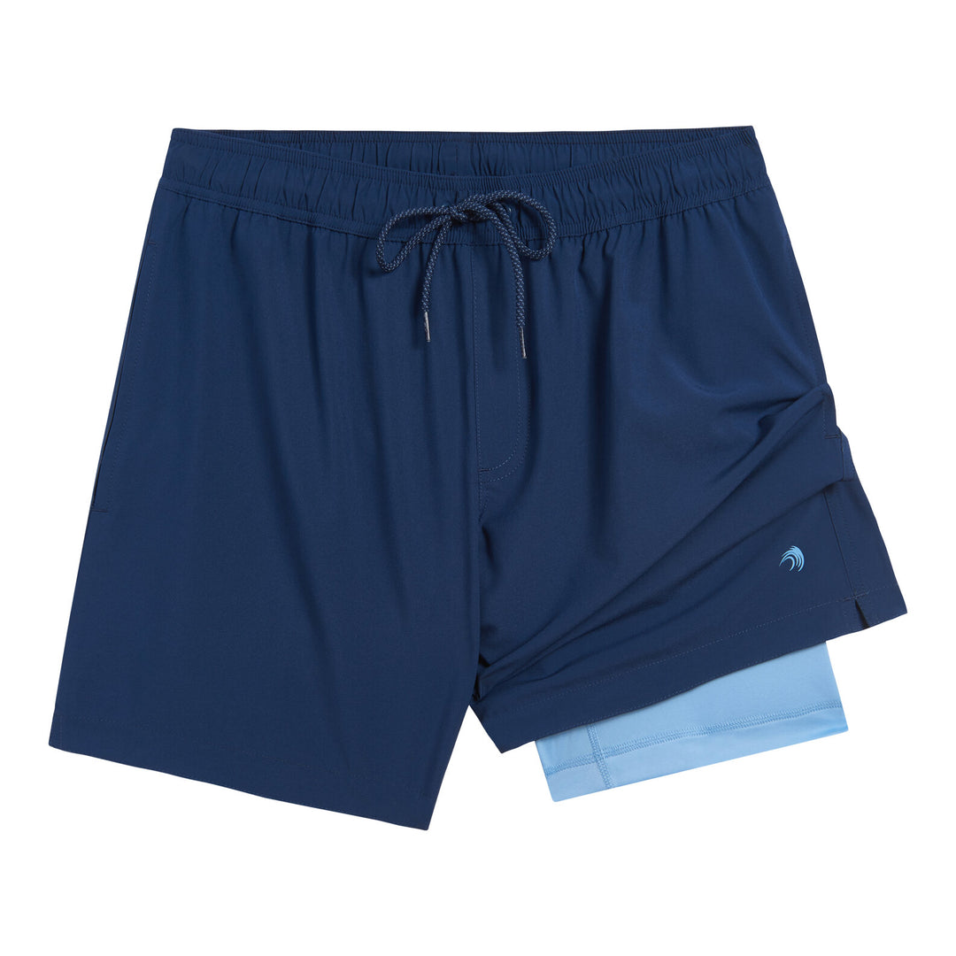 Dreamwave Men's 2-Pack Compression Liner Swim Trunks with Phone Pocket 7 inch Inseam Anti Chafing Navy Wavy Stripe