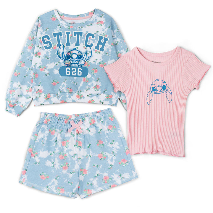 Lilo & Stitch Girls' Sweatshirt Tee and Shorts Set Blue Pink