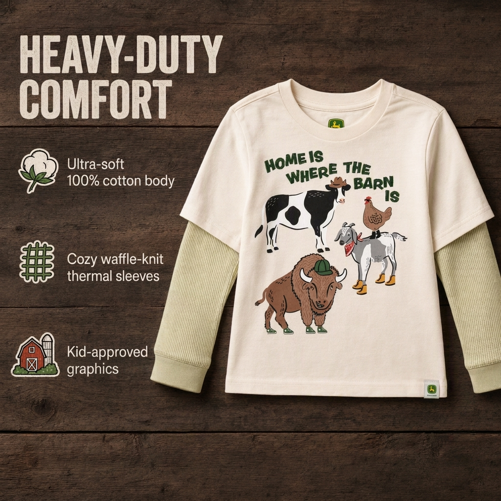 John Deere Boys' Long Sleeve T-Shirt Ivory and Green
