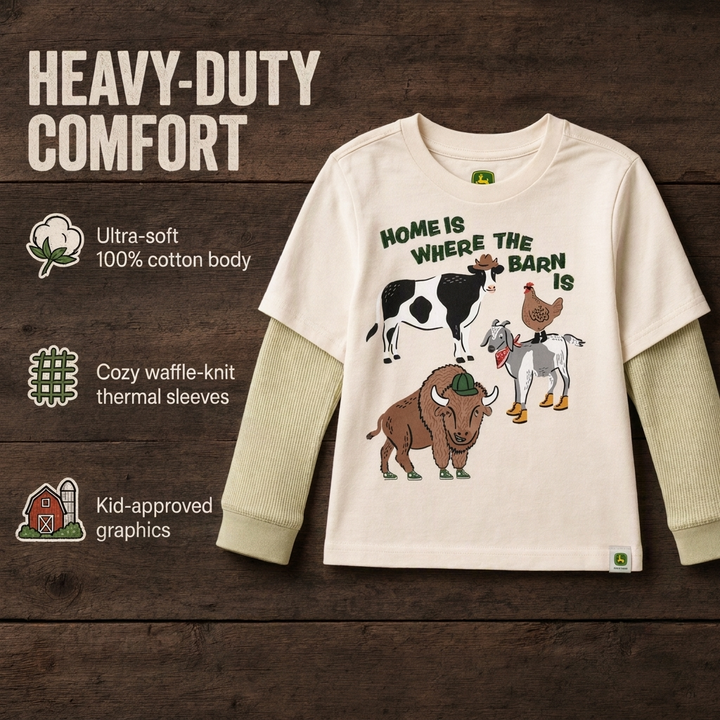 John Deere Boys' Long Sleeve T-Shirt Ivory and Green