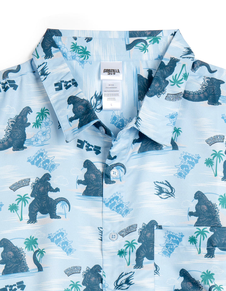 Godzilla Men's Hawaiian Button-Down Shirt Light Blue Floral