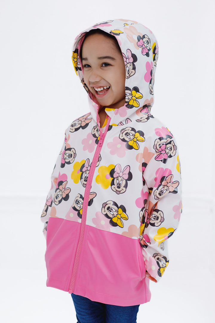Minnie Mouse Girls' Hooded Zip-Up Rain Jacket Floral White