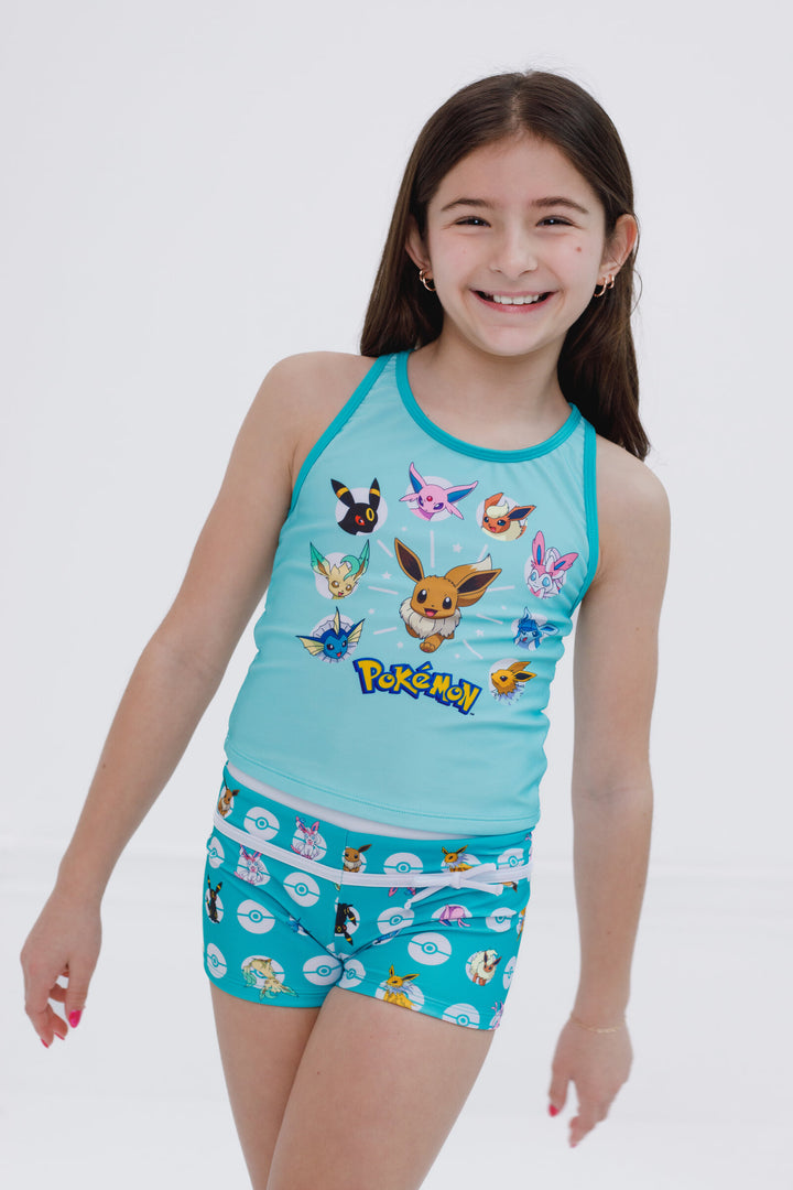 Pokemon Eevee Girls' 2-Piece Swimwear Tankini and Swim Shorts Set Light Teal