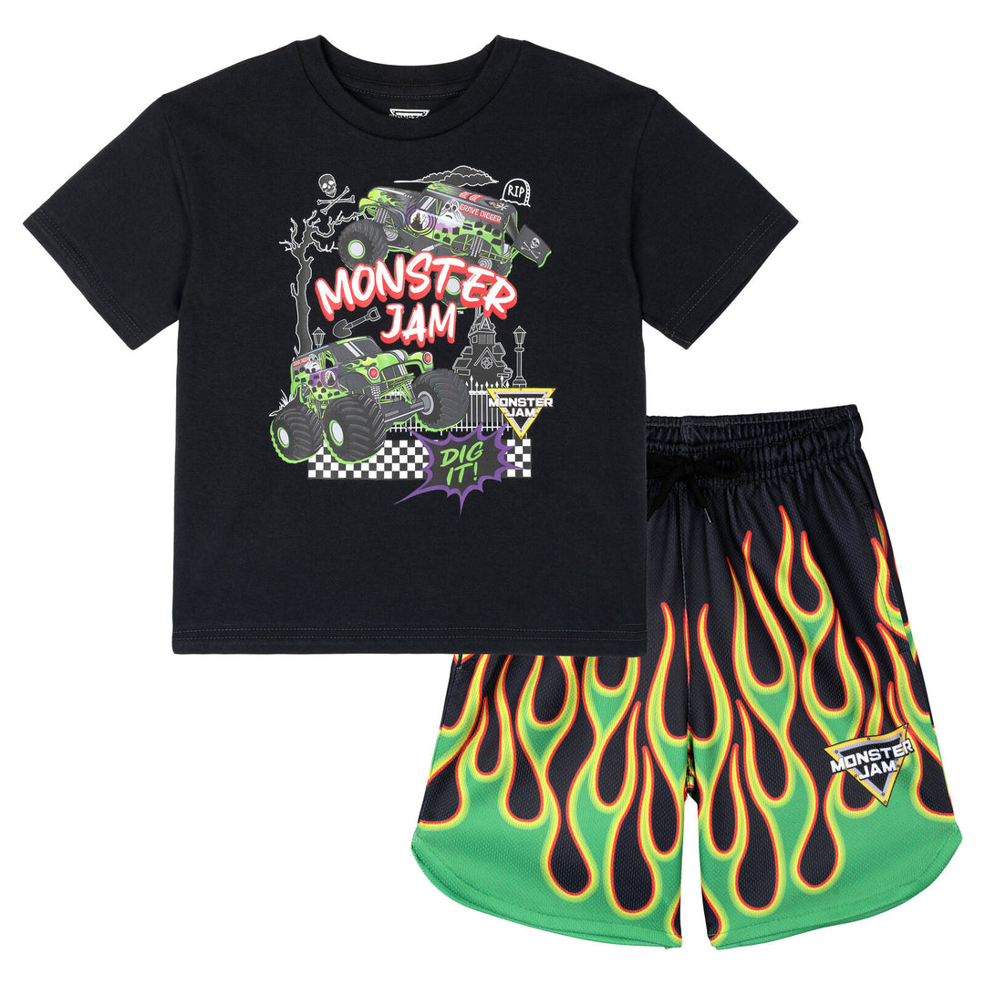Monster Jam Grave Digger Boys' Athletic 2-Piece T-Shirt and Shorts Set Flames