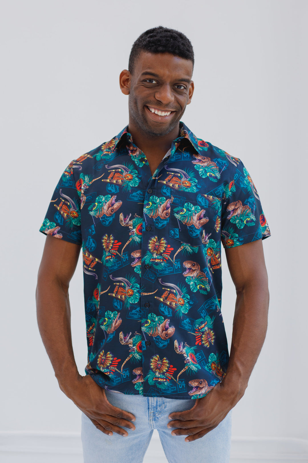 Jurassic World Jurassic Park T-Rex Men's Shirt Navy Dino Tropical
