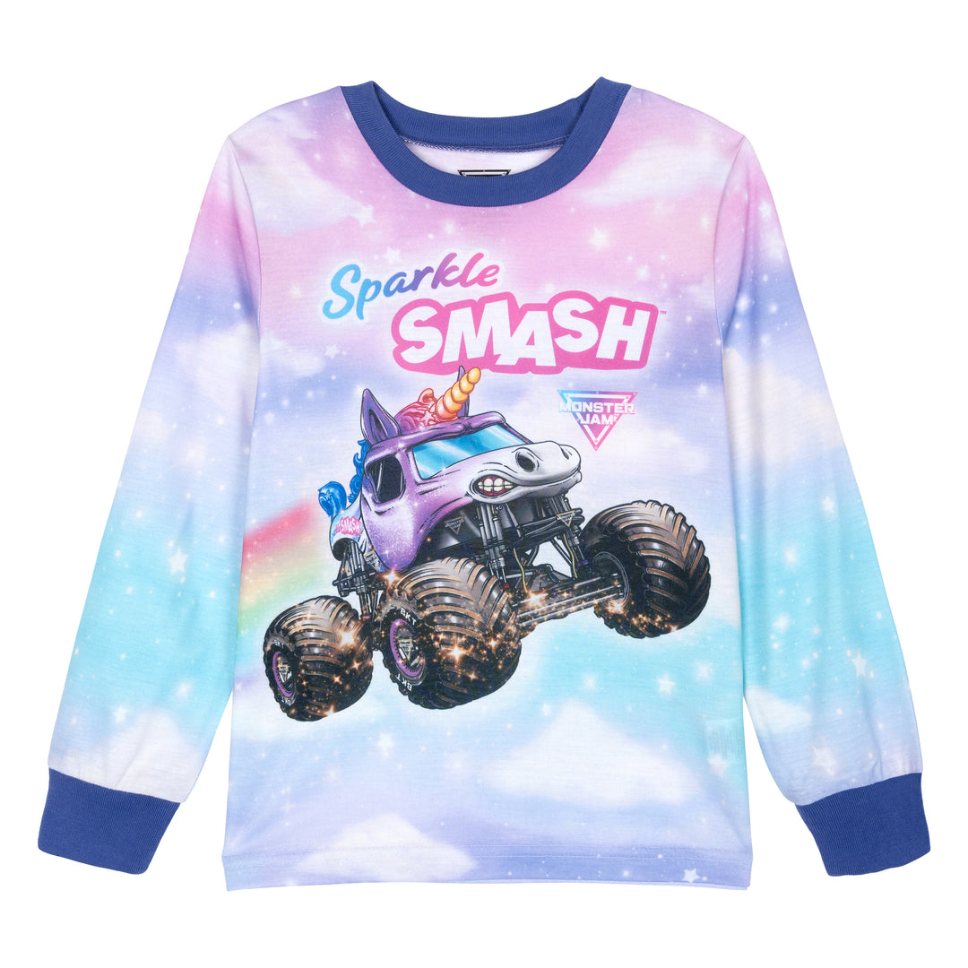 Monster Jam Sparkle Smash Girls' 2-Piece Pajama Shirt and Pants Set Purple