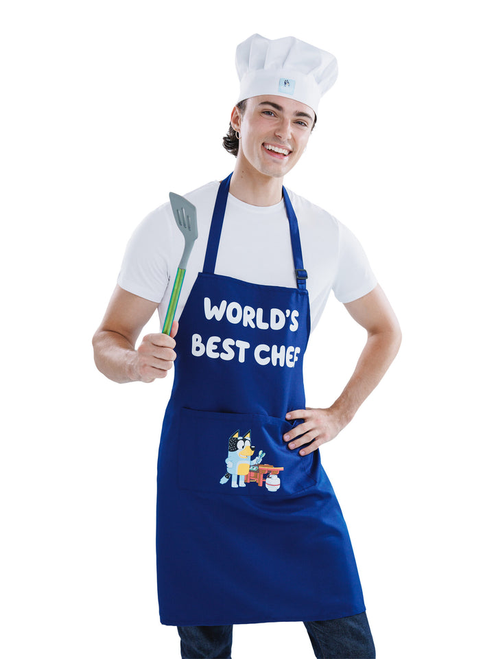 Bluey Adult Men or Women 2-Piece Apron and Chef Hat Set Navy Blue Bandit