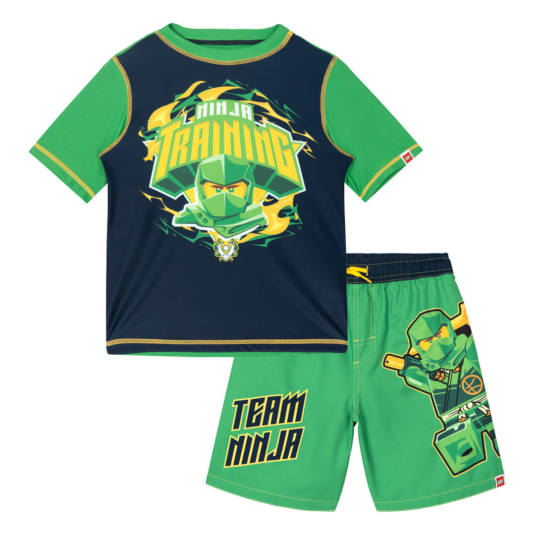 LEGO Boys' 2-Piece Swimwear Rash Guard and Swim Trunks Set Ninjago Navy Green