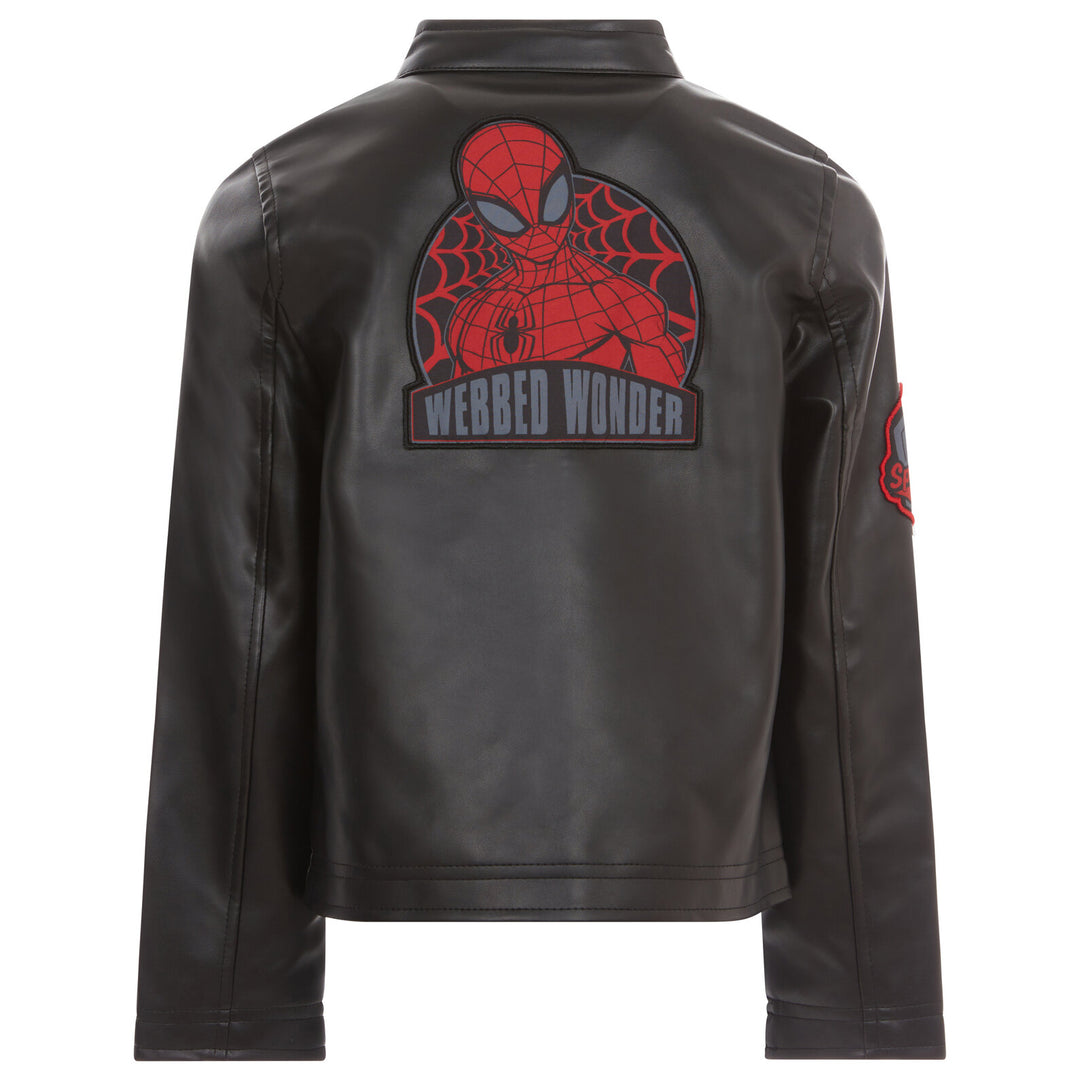 Marvel Spider-Man Boys' Zip-Up Leather Jacket Black Red