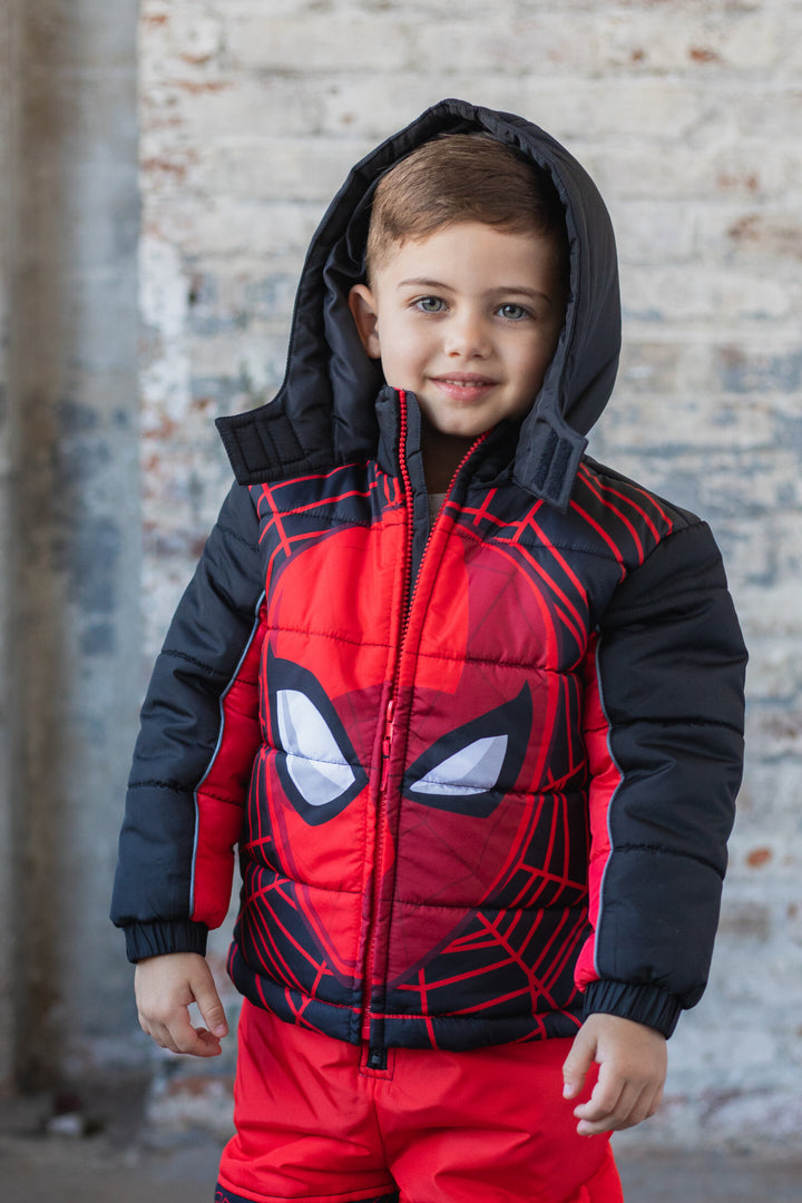 Marvel Spider-Man Boys' Hooded Zip-Up Puffer Jacket Red Black