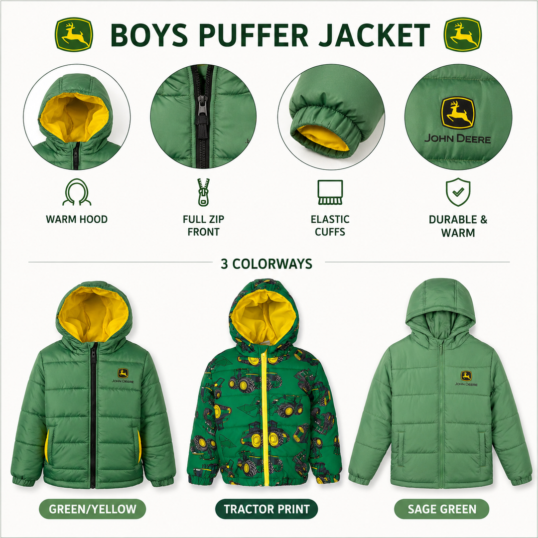 John Deere Boys' Hooded Puffer Jacket Green Chase and