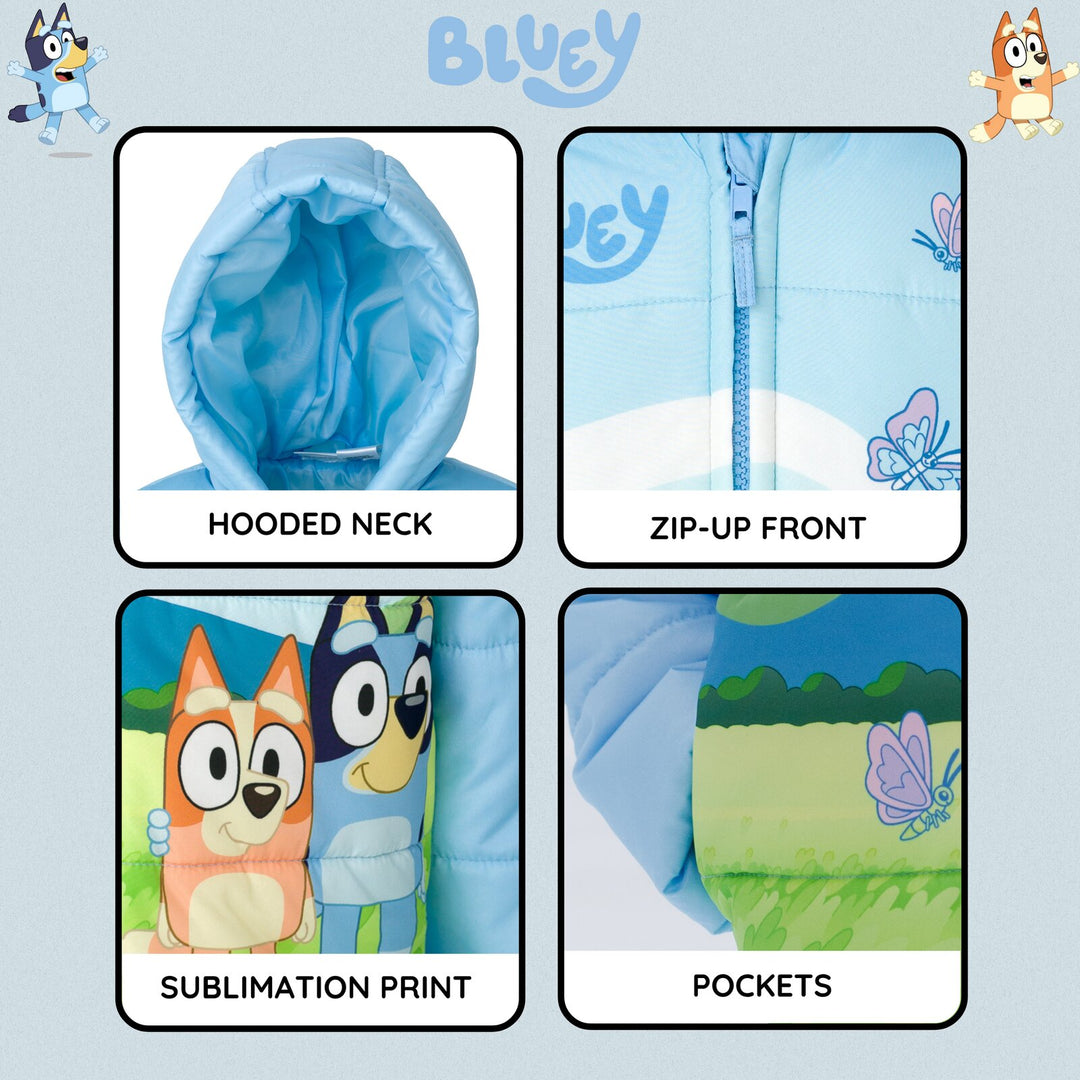 Bluey Girls' Hooded Zip-Up Puffer Jacket Bingo Sky Blue