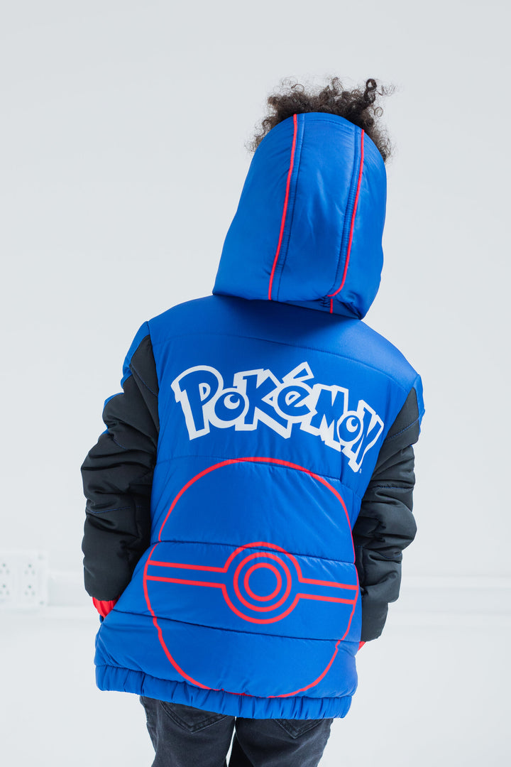 Pokemon Boys' Full Zip Hooded Puffer Jacket Blue Black