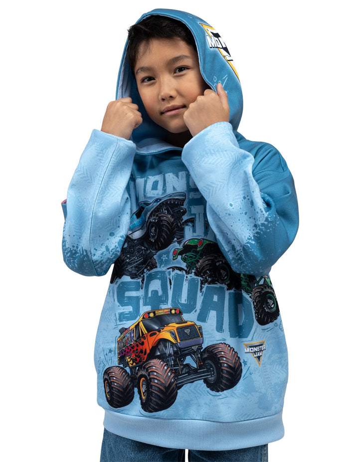 Monster Jam Boys' Sublimated Fleece Hooded Sweatshirt Icy Slate Blue