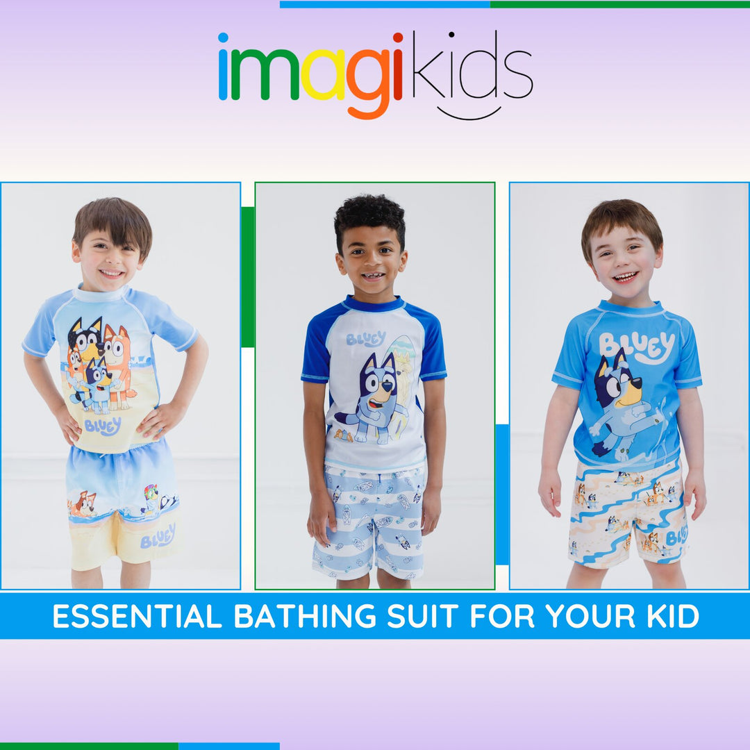 Bluey Boys' Swimwear 2-Piece Rash Guard and Swim Trunks Set Bingo Blue Tan