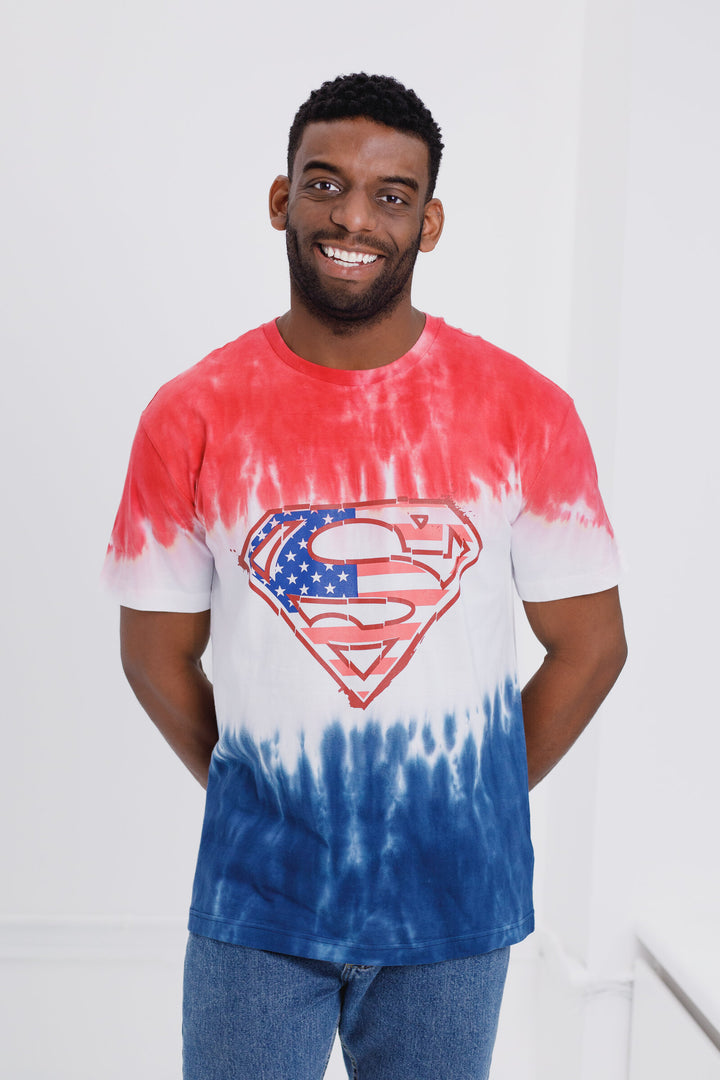DC Comics Justice League Superman Men's July 4th T-Shirt Blue Tie Dye