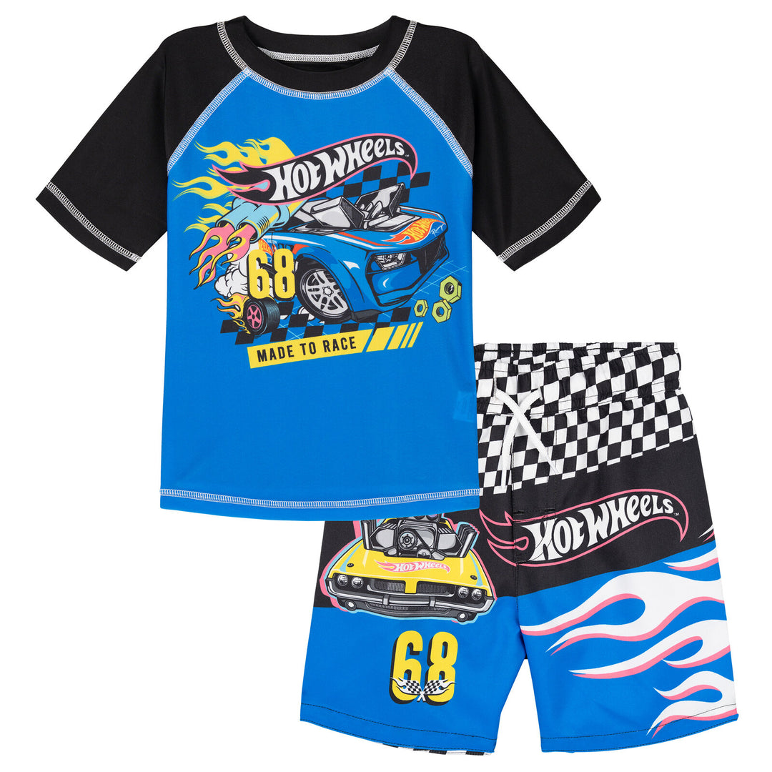 Hot Wheels 2-Piece Swimwear Rash Guard and Swim Trunks Set Blue Black Checker