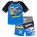 Hot Wheels 2-Piece Swimwear Rash Guard and Swim Trunks Set Blue Black Checker