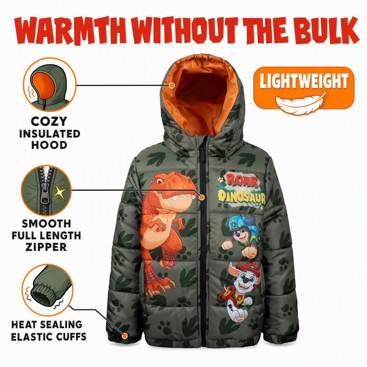 Paw Patrol Boys' Hooded Puffer Coat Chase Marshall Olive