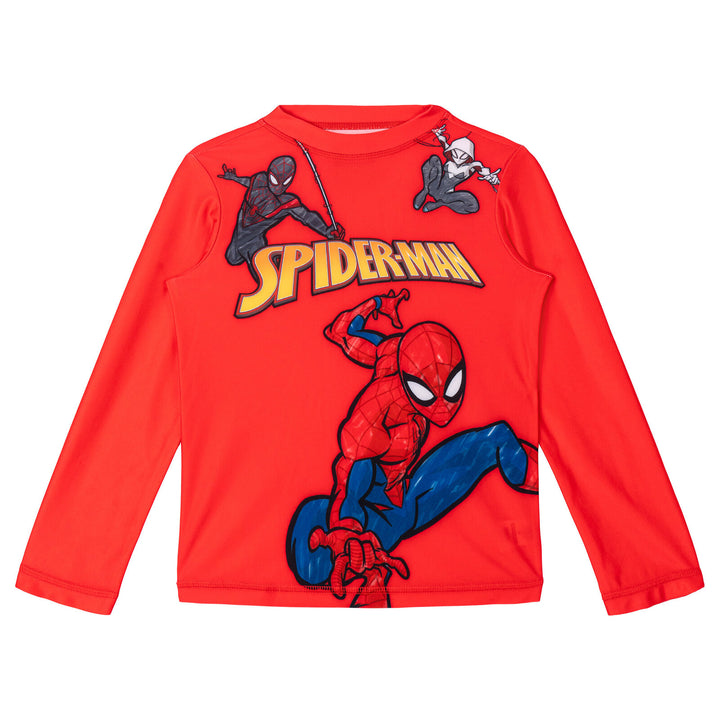 Marvel Spider-Man Boys' Long Sleeve Rash Guard and Swim Trunks Set Red Navy
