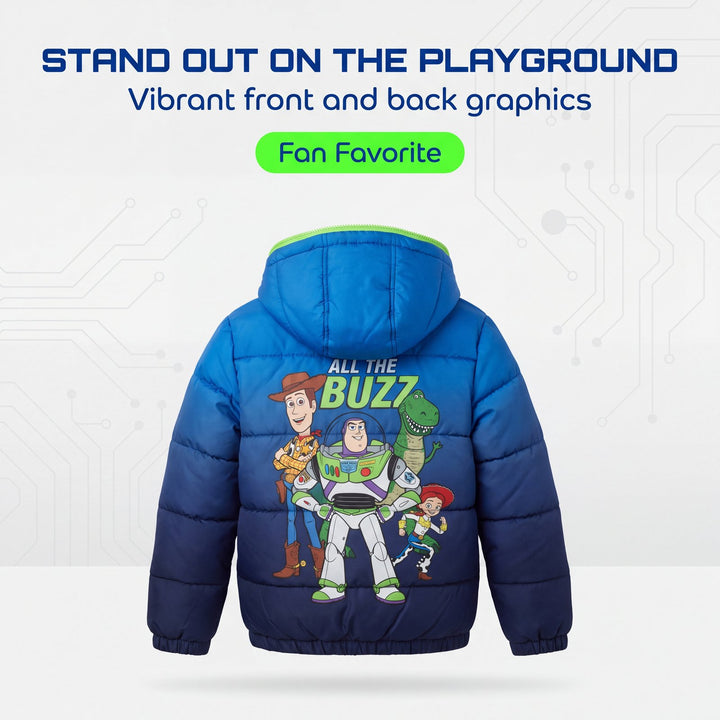 Disney Toy Story Boys' Hooded Puffer Jacket Navy Blue Woody Buzz