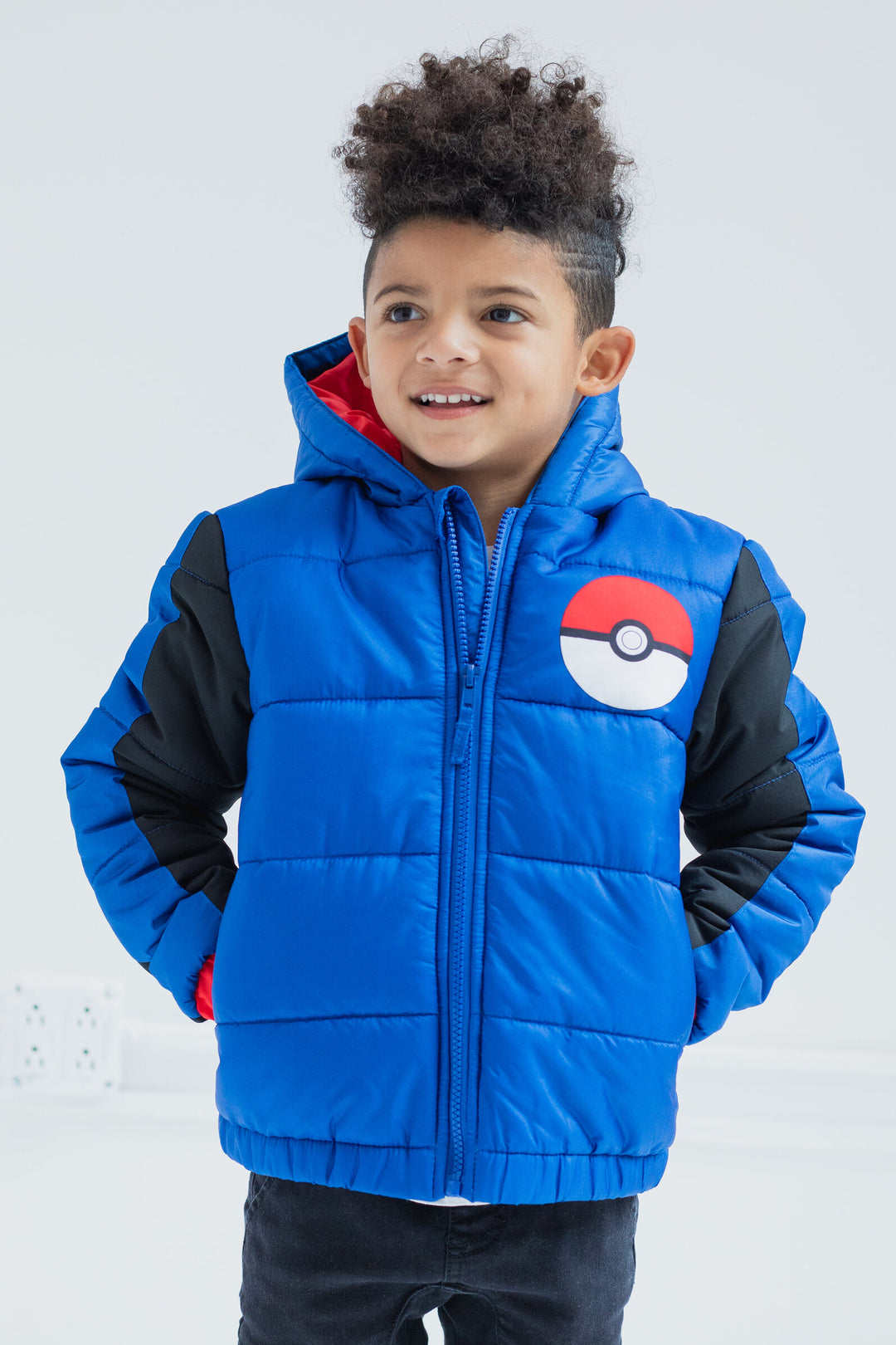 Pokemon Boys' Full Zip Hooded Puffer Jacket Blue Black