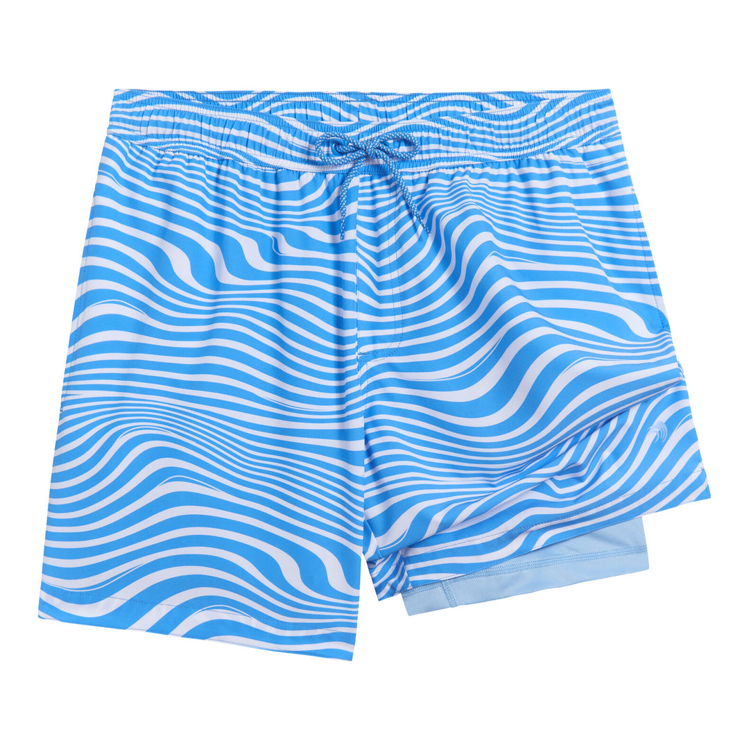 Dreamwave Men's Compression Liner Swim Trunks with Phone Pocket 7 inch Inseam Anti Chafing Blue White Waves