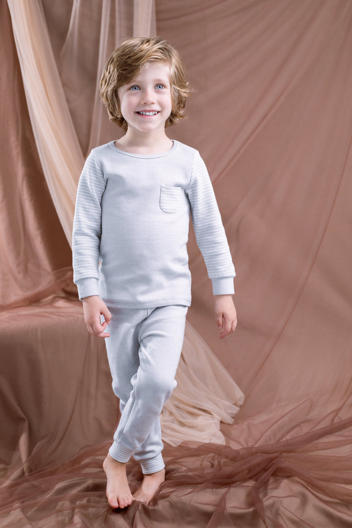 Cozeeme Boys' Loungewear 2-Piece Tee and Pants Set Heather Gray Stripe
