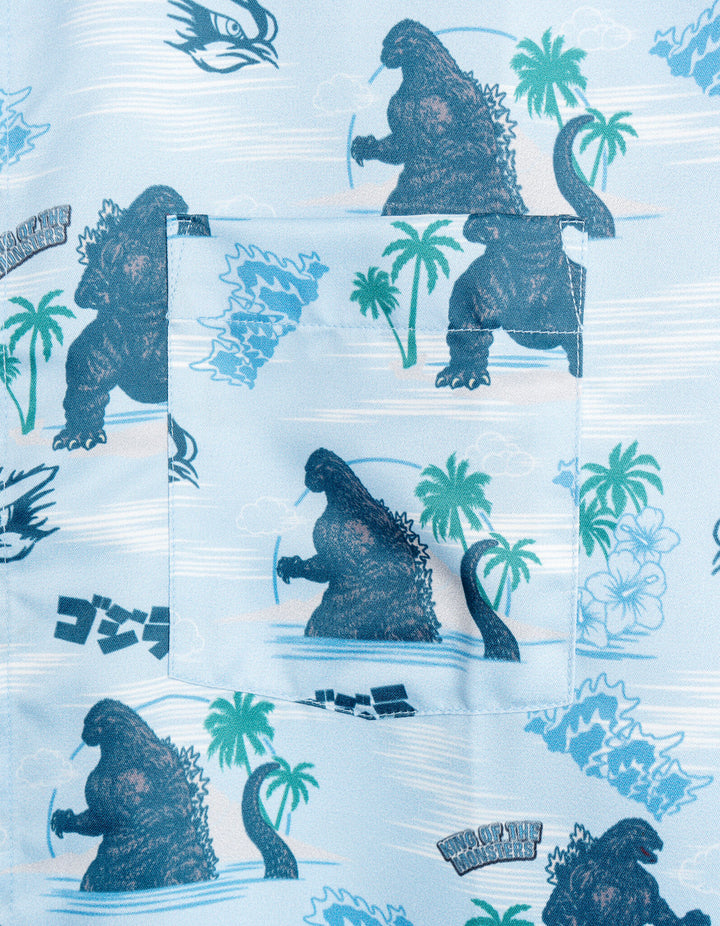 Godzilla Men's Hawaiian Button-Down Shirt Light Blue Floral