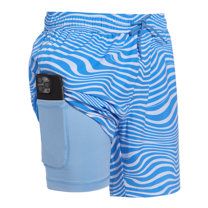 Dreamwave Men's Compression Liner Swim Trunks with Phone Pocket 7 inch Inseam Anti Chafing Blue White Waves
