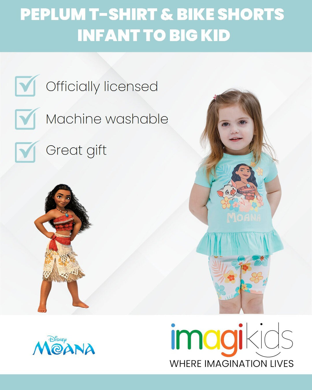 Moana Girls' 2-Piece T-Shirt and Bike Shorts Set Mint Pua