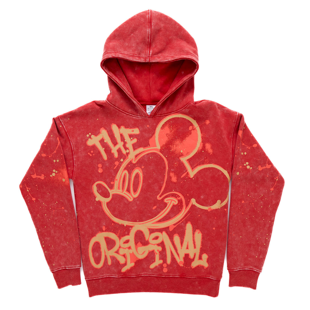 Disney Mickey Mouse Men's Fleece Pullover Hoodie Red Acid Wash